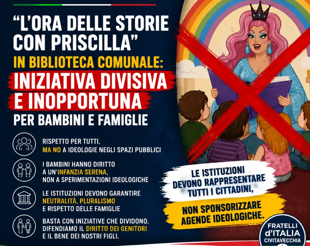 “L’ora delle storie con Priscilla”, FdI: “Iniziativa divisiva e inopportuna per bambini e famiglie”